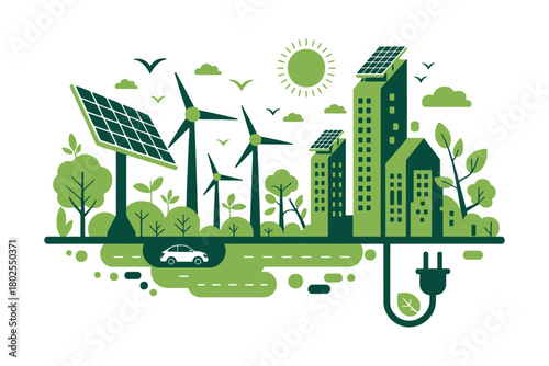 A green cityscape powered by renewable energy sources like wind and solar power.