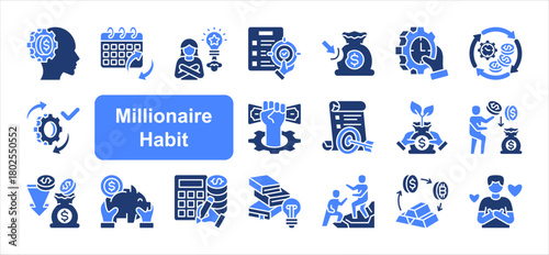 Millionaire habit icon set with Discipline, Focus, Time management, Consistency, Action, Goal setting, Financial freedom simple vector.