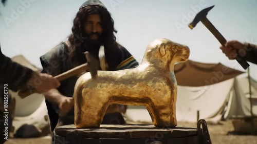 A group of people around a golden calf being crafted with hammers. The scene has a historical/biblical aesthetic