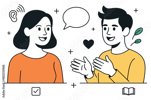 Two people are engaged in a conversation with clear understanding and communication elements shown.