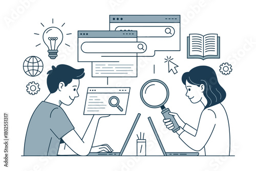 Two people collaborate on a digital project using laptops and search engines.