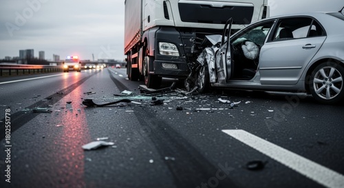 Highway collision between car and truck with emergency response in background