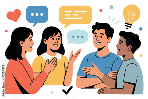 Diverse group of young people engaged in lively conversation and idea sharing.