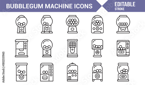 Thin Line Icon Pack of Vintage Gumball Machines and Snack Dispensers