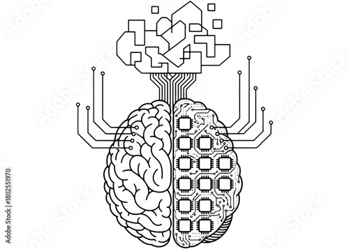 Brain-computer interface concept. A human brain vs. a digital AI brain with processors, uploading data to a cloud. Minimalist vector illustration.
