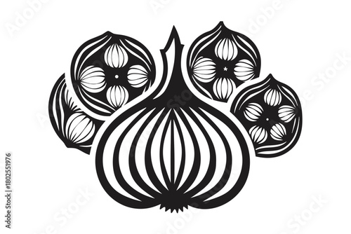 Bold monochrome showcases an onion surrounded by stylized smaller onions in striking contrast