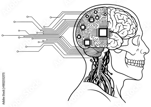 Conceptual line art of a cyborg head. Half human brain and half digital AI circuit board with processors. Brain-computer interface.