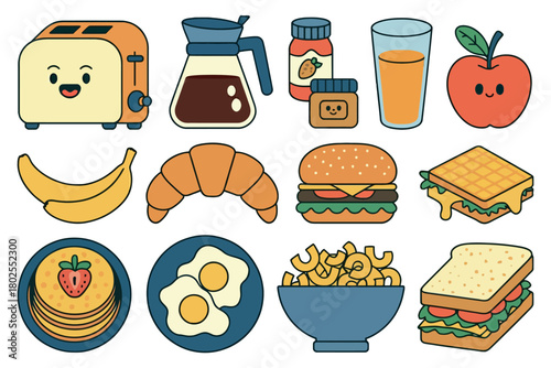 A collection of cute cartoon breakfast and food items, including a toaster, coffee pot, and various meals.