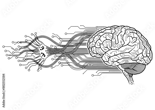 Conceptual illustration of an artificial intelligence (AI) brain. A human brain drawn as a digital circuit board with a network of connections.
