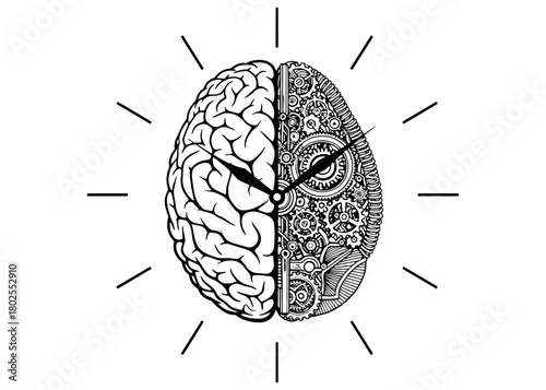 The mechanics of the mind. A conceptual brain stylized as a clock, half human and half intricate gears. Steampunk vector illustration of time and thought.