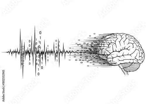 Brainwave and digital data. A human brain's thoughts and electrical signals transforming into a binary code waveform. Conceptual line art vector.