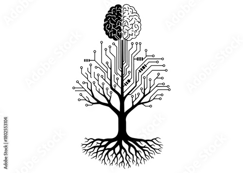 Tree of knowledge as a digital circuit board with roots, growing into a split brain of human intelligence and AI. Black and white conceptual vector.
