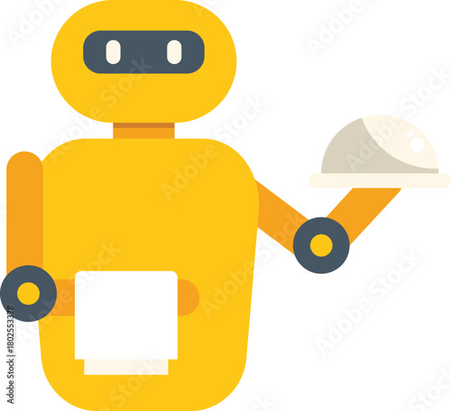 Yellow robot waiter serving food holding a tray and a cloth in its hands, automation concept