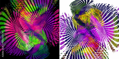 Fototapeta Naklejka Na Ścianę i Meble -  Set of colorful textured abstract fractal backgrounds. Abstract butterflies or fan-shaped leaves on white and black background. 3D rendering. 3D illustration.