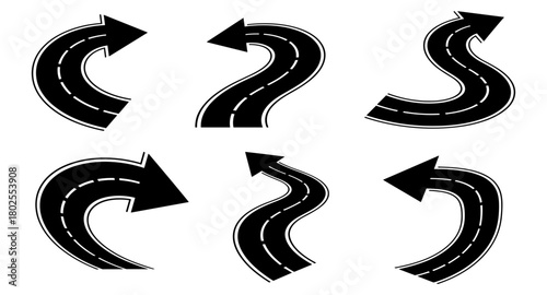 Curved road arrows in black silhouette style
