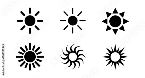 Minimalist black sun icon set with diverse designs and patterns
