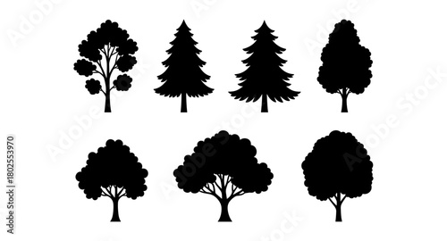 Set of green tree silhouettes in various shapes for design projects