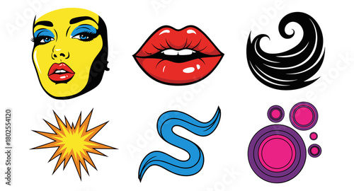 Bold pop art elements with lips, face, and abstract designs
