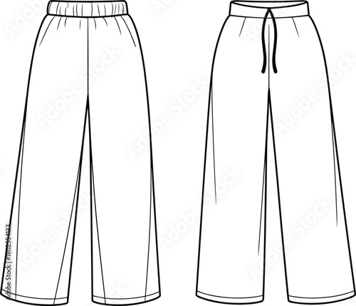 Wide leg lounge pants fashion flat front and back elastic waist drawstring casual womenswear apparel template sewing sketch mockup