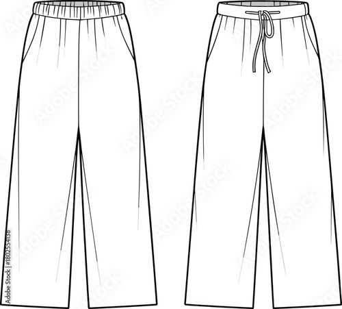 Wide leg lounge pants front and back technical fashion flat with elastic waist and drawcord pocket detail for apparel techpack