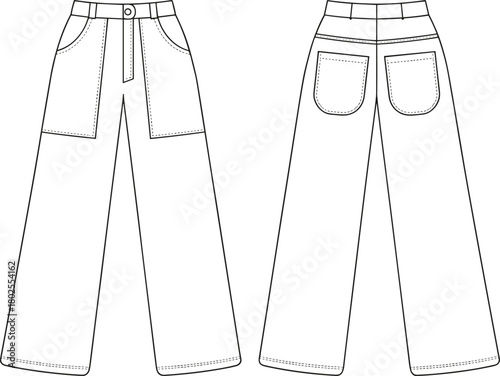 Wide leg pants CAD drawing flat vector illustration, modern denim fashion sketch, technical clothing template