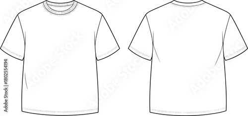Unisex plain t-shirt front and back technical sketch, casual short sleeve top template, apparel design outline for fashion flat drawing