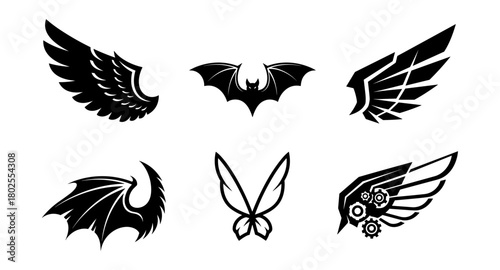 Set of unique wing designs: angel, bat, dragon, butterfly, gear-inspired in bold silhouette style