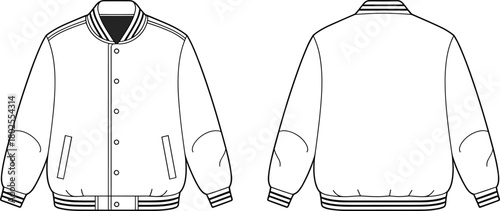 Unisex varsity bomber jacket technical flat sketch, front and back view, ribbed collar cuff hem, snap button closure