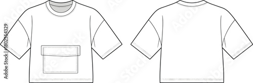 Utility pocket t-shirt flat fashion sketch, unisex short sleeve casual top technical drawing, modern clothing design CAD template