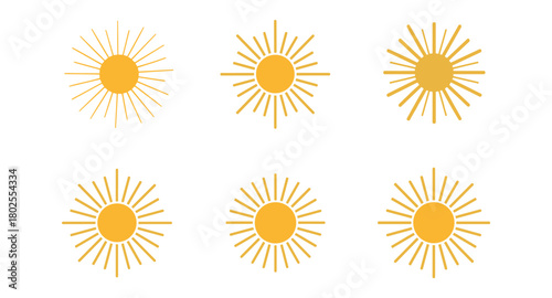 Minimalist sunburst designs set: six radiant sun shapes with linear rays in yellow tones