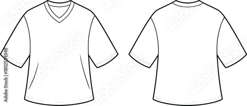 V neck short sleeve t shirt flat fashion technical sketch, unisex casual wear clothing vector template