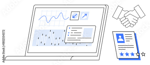 Laptop with graphs and data charts, handshake representing agreement, professional resume with rating. Ideal for recruitment, HR, analytics, collaboration, business growth, job search technology