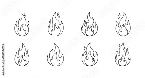 Set of eight linear flame icons - minimalist fire symbol designs