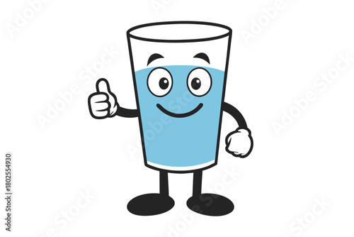 Cheerful glass of water mascot shows a thumbs up gesture against white