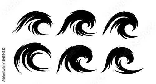 Set of black wave silhouettes in various dynamic swirl shapes