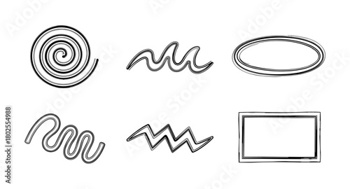 Collection of hand-drawn abstract doodle shapes and lines on white background