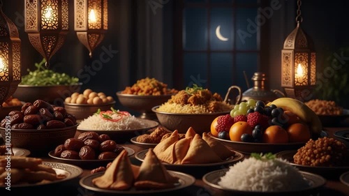 Delicious iftar meal with traditional dishes and lanterns for ramadan celebration