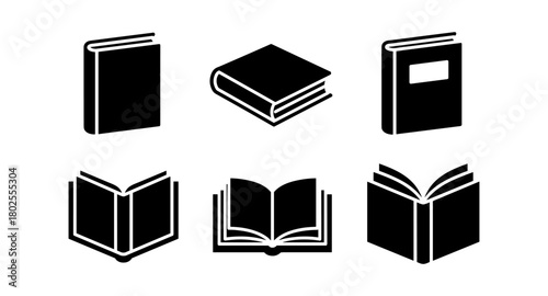 Black and white book icons set in silhouette style