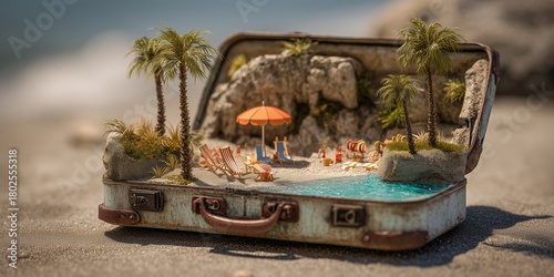 Fototapeta Naklejka Na Ścianę i Meble -  Miniature beach landscape inside vintage suitcase, featuring tiny palm trees, chairs and parasol concept for travel inspiration, vacation planning and creative travel promotions
