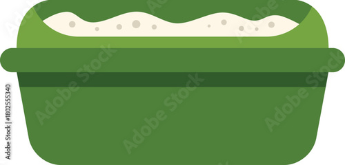 Green plastic litter box containing sand for cat toilet training, isolated on white background