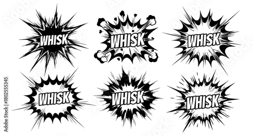 Retro comic style sound effects with whisk text in black and white