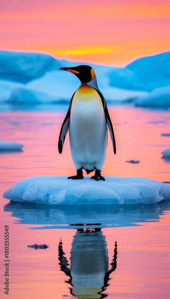 Obraz premium An emperor penguin stands on an ice floe in a tranquil sea at sunset. The sky displays vibrant hues of orange and pink, reflecting on the water's surface.