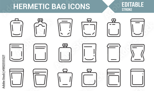 Minimal Linear Icons of Hermetic Packaging Bags and Sealable Pouches
