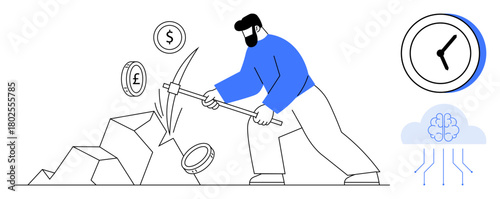 Man mining rocks with a pickaxe, coins symbolizing currency scattered. Clock represents time, cloud with brain hints technology, innovation. Ideal for finance, labor, time management, effort