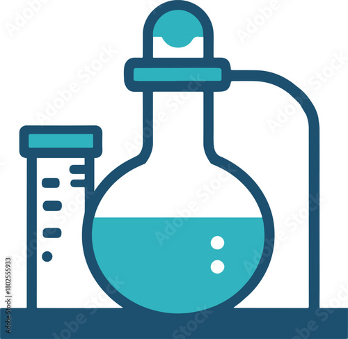 A set of stylized chemistry lab illustrations featuring flasks, test tubes, and experimental setups with colorful liquids and vapor