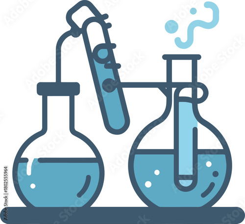 A set of stylized chemistry lab illustrations featuring flasks, test tubes, and experimental setups with colorful liquids and vapor
