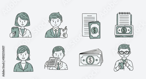 Hand drawn business people and financial elements set in a simple style