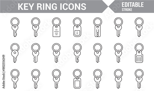 Modern Line Icons of Key Tags, Rings, and Lock Access Tools