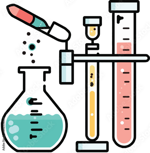 A set of stylized chemistry lab illustrations featuring flasks, test tubes, and experimental setups with colorful liquids and vapor