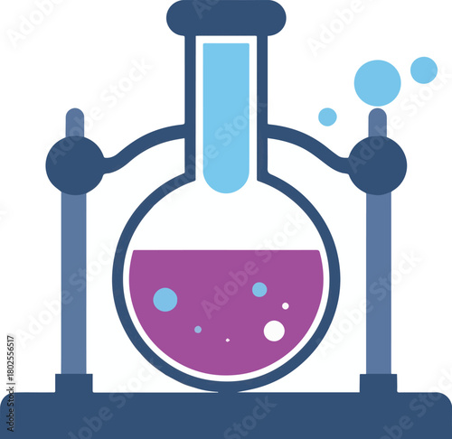 A set of stylized chemistry lab illustrations featuring flasks, test tubes, and experimental setups with colorful liquids and vapor